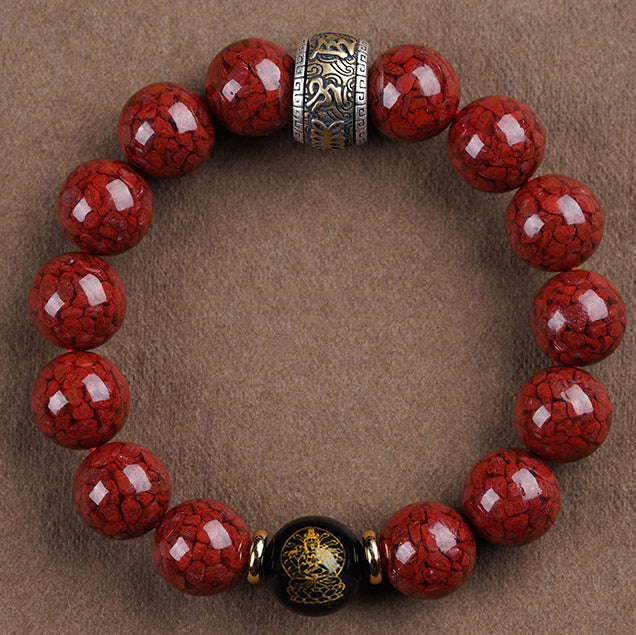 Cinnabar Crystal Bracelet with Black Onyx Zodiac Guardian Buddha & Silver Fortune Beads – Protection, Luck, and Positive Energy