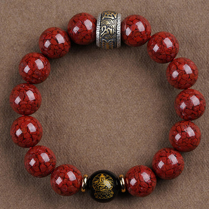 Cinnabar Crystal Bracelet with Black Onyx Zodiac Guardian Buddha & Silver Fortune Beads – Protection, Luck, and Positive Energy