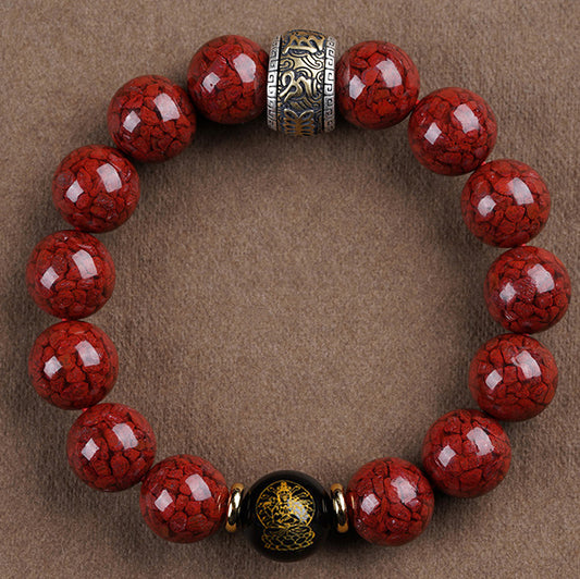 Cinnabar Crystal Bracelet with Black Onyx Zodiac Guardian Buddha & Silver Fortune Beads – Protection, Luck, and Positive Energy