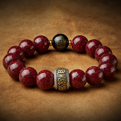 Cinnabar Crystal Bracelet with Black Onyx Zodiac Guardian Buddha & Silver Fortune Beads – Protection, Luck, and Positive Energy