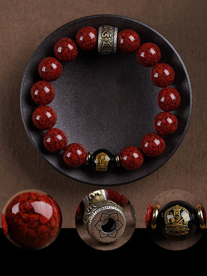 Cinnabar Crystal Bracelet with Black Onyx Zodiac Guardian Buddha & Silver Fortune Beads – Protection, Luck, and Positive Energy