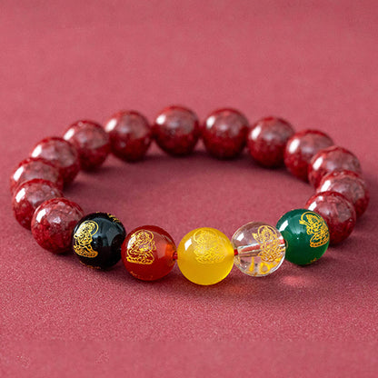 Cinnabar Crystal Bracelet with Five-Color Agate & Five Wealth Gods – Attract Wealth, Luck, and Protection