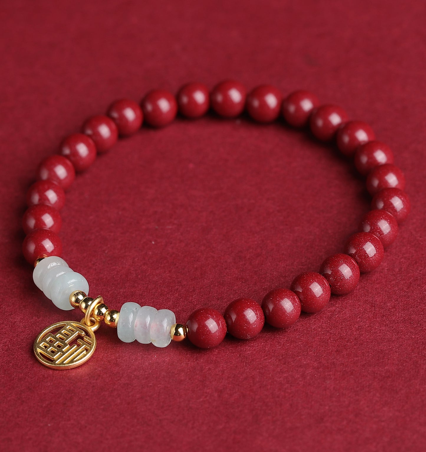 Handcrafted Red Cinnabar Bracelet with Jade Abacus Beads, Gold Fortune Charm & Prosperity Beads