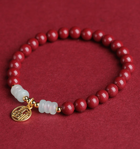 Handcrafted Red Cinnabar Bracelet with Jade Abacus Beads, Gold Fortune Charm & Prosperity Beads