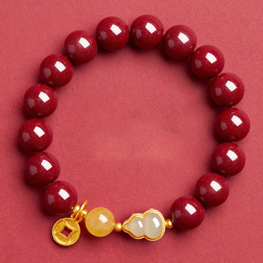 Handmade Cinnabar Bracelet with Golden Coin, Amber Bead, and Jade Gourd - Prosperity, Peace, and Good Fortune