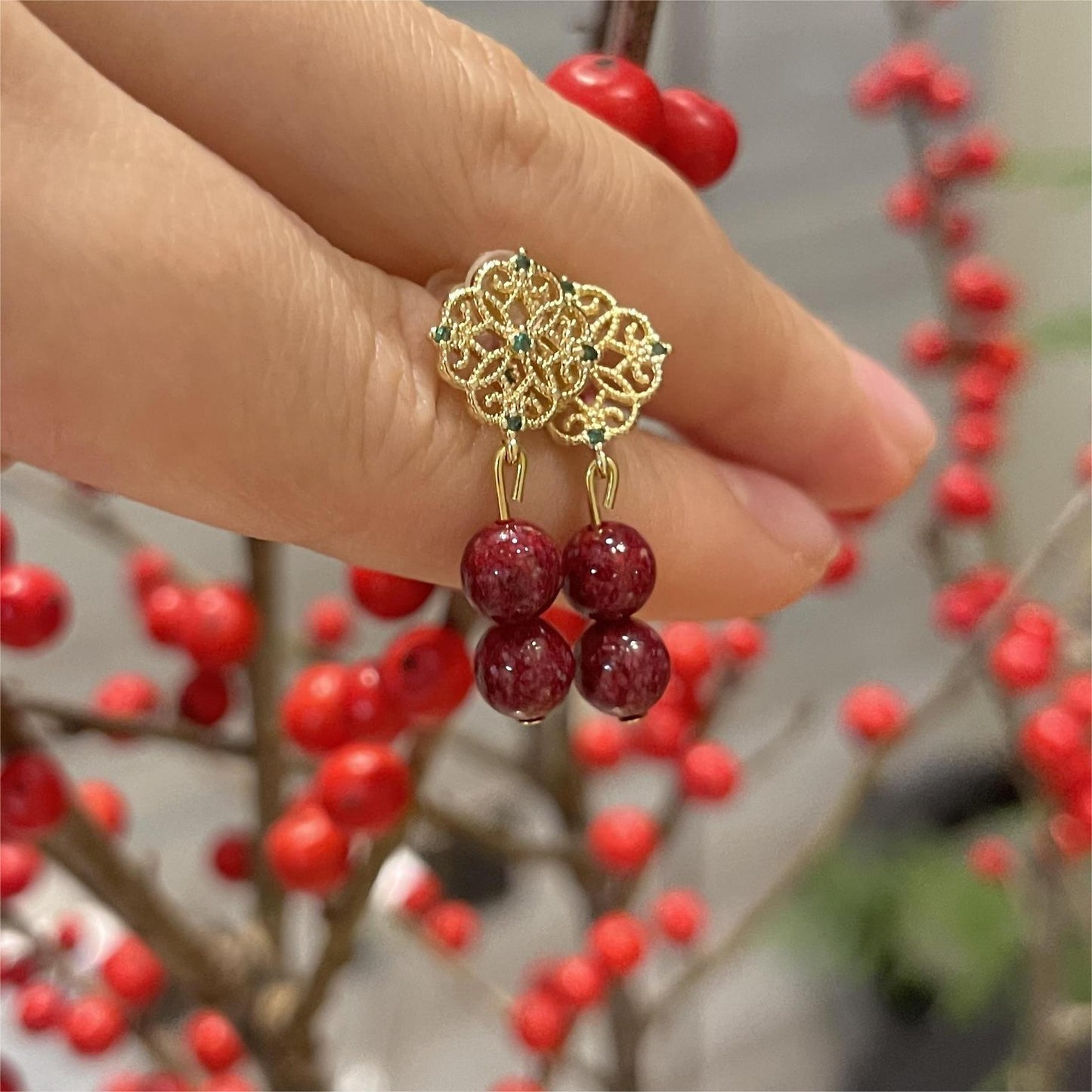 14k Gold & Cinnabar Crystal Earrings – Sparkling Gemstone Drops for Clarity, Protection & Prosperity