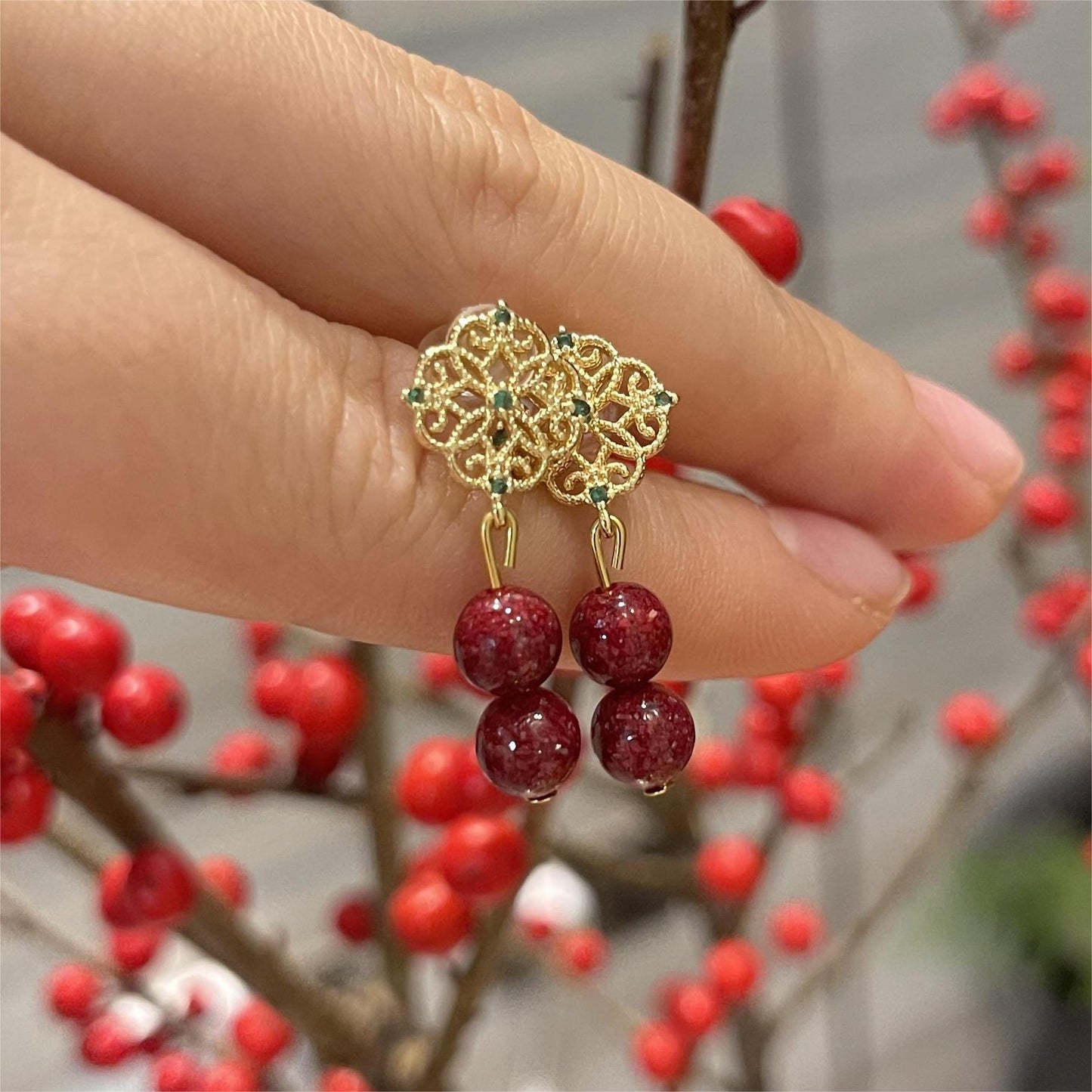 14k Gold & Cinnabar Crystal Earrings – Sparkling Gemstone Drops for Clarity, Protection & Prosperity