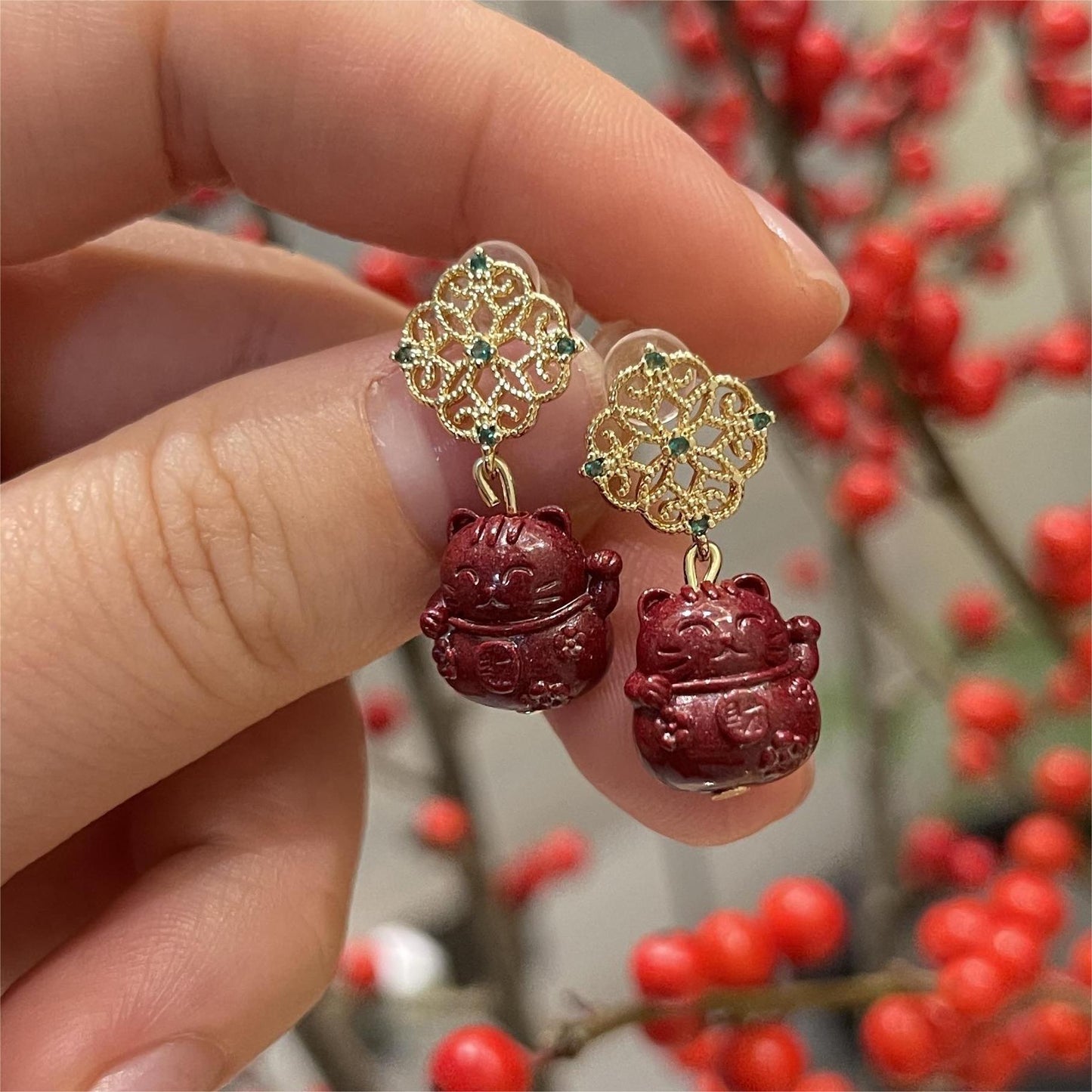 14k Gold Maneki Neko Earrings – Minimalist Lucky Cat Earrings for Prosperity, Protection & Positive Energy